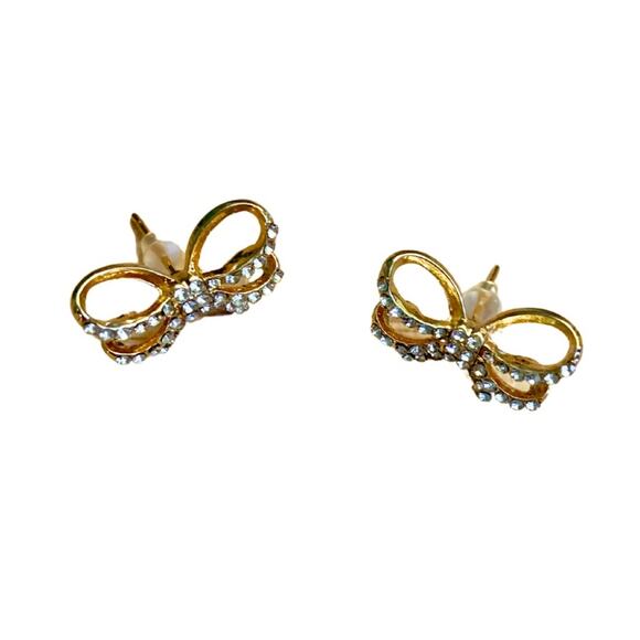 Sparkling Gold Bow Earring Studs Bowknot Ribbon Pave Rhinestones Crystals - Picture 2 of 7